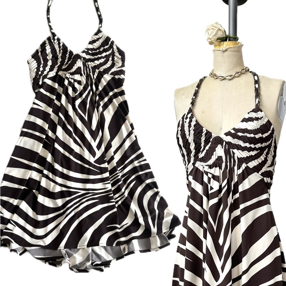 VINTAGE Y2K BCBGMaxazria Tiger Printed Mini Halter Dress Chain Neck Strap Mini-M - Picture 5 of 15